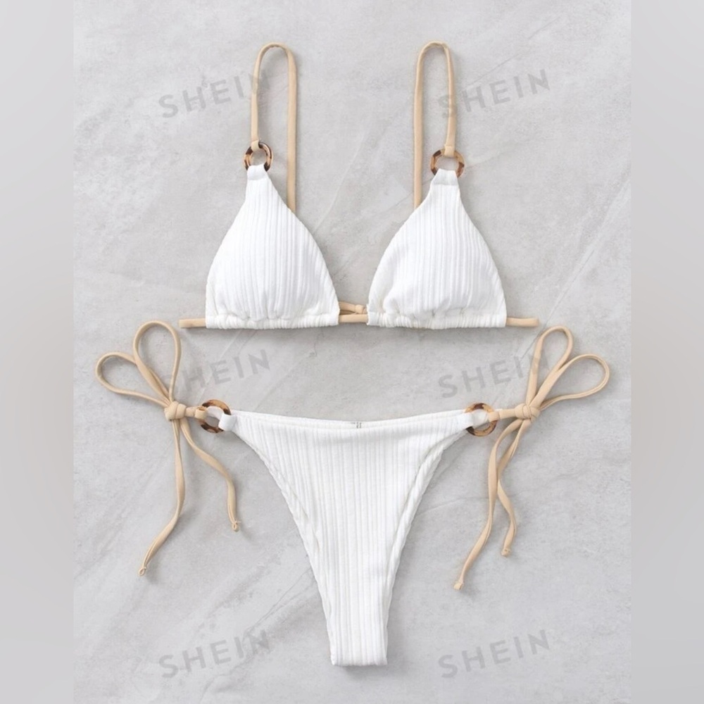 Ribbed Bikini Set Ring Linked Triangle Bra & Thong Bottom Size M